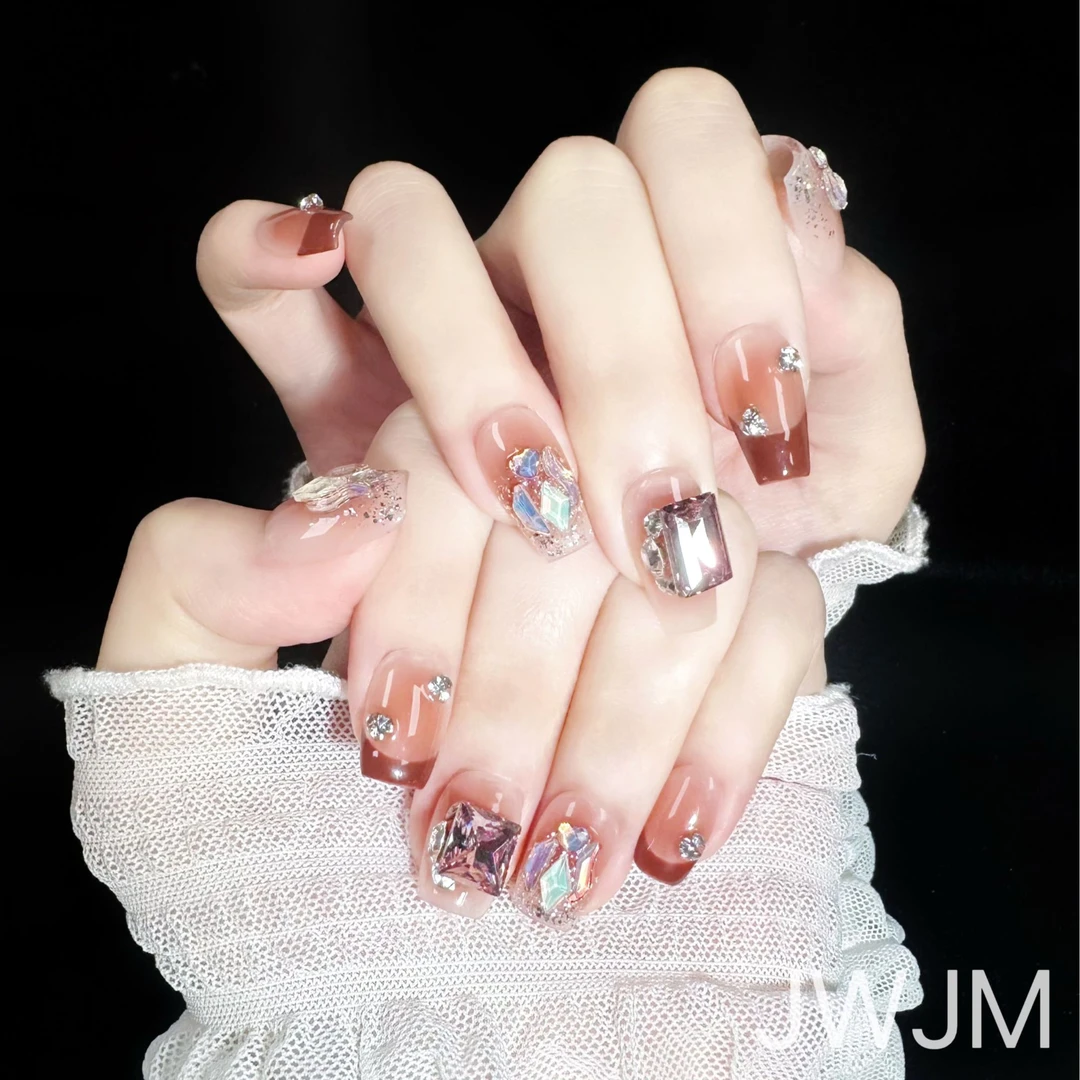 【孤品69号】JWJM设计手工穿戴甲法式晕染爆闪大钻显白10片春款