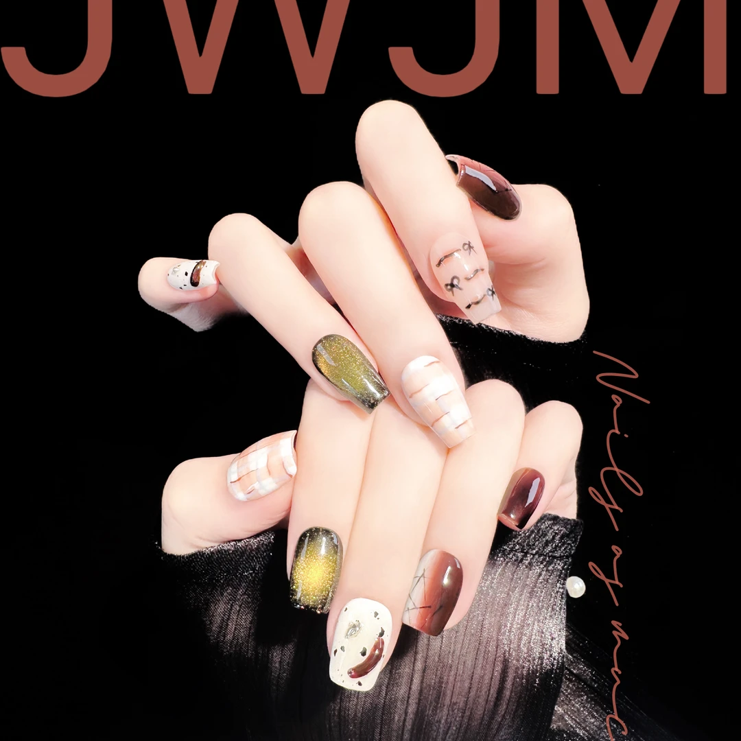 【孤品31号 】JWJM设计手工穿戴甲猫眼手绘拼色显手白10片秋冬款
