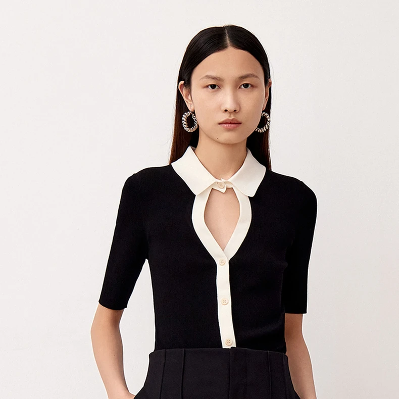 edition雅丹风镂空撞色polo领上衣精致小香风针织衫#EBB3SWT009