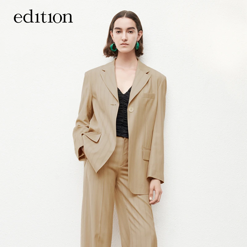 edition条纹西装外套卡其时尚气质羊毛女绅士西装#EBB1BLA007