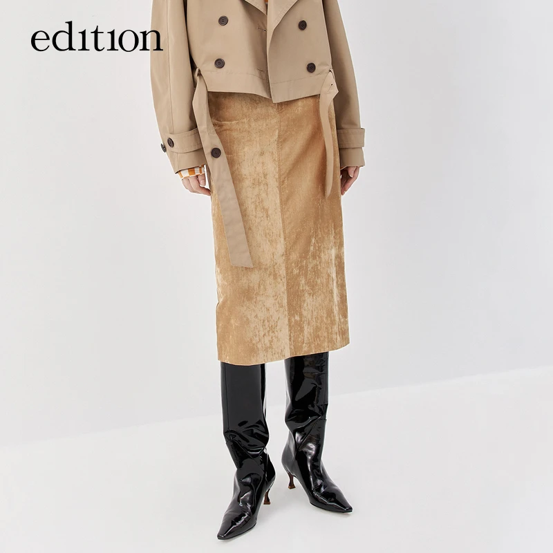 【商场同款】edition平绒开衩半身裙女秋新款直筒长裙#EBB3SKT016