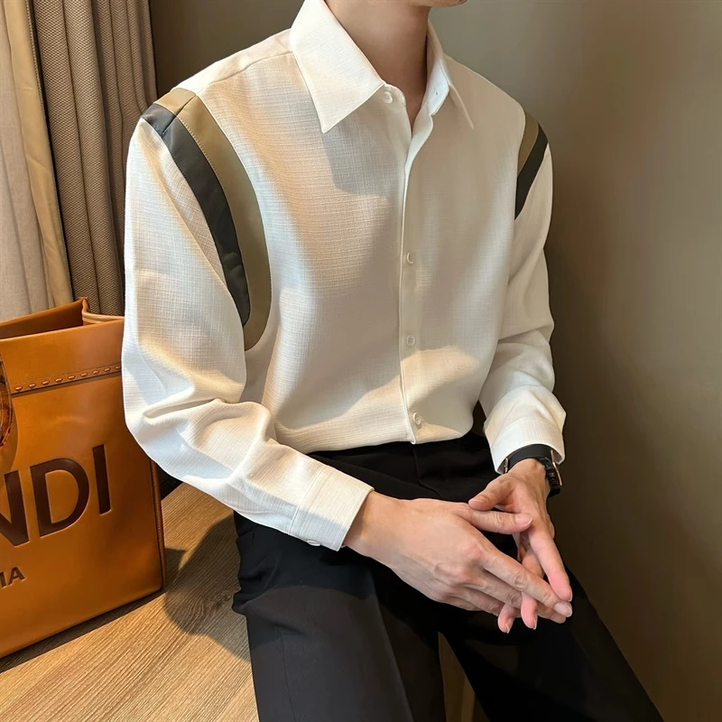 设计感小众拼接撞色黑色衬衫男长袖潮牌宽松美式痞帅男士衬衣外套