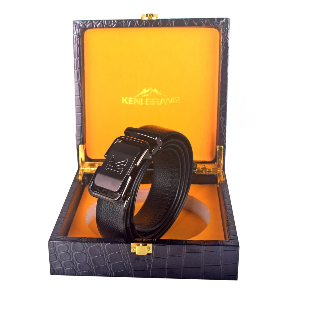 肯雷邦男士头层牛皮K字款皮带休闲商务木质礼盒腰带