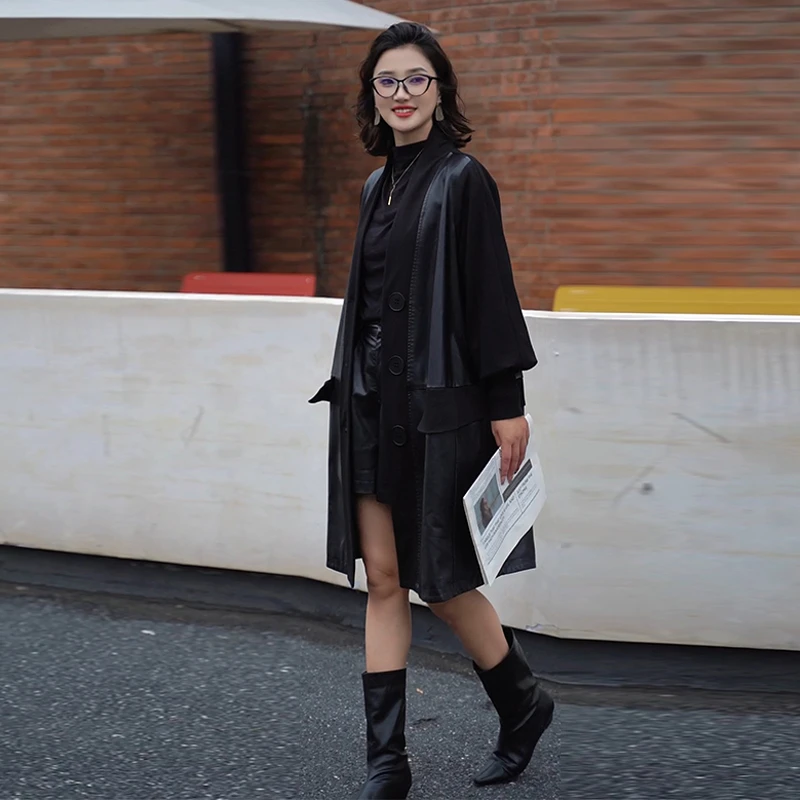 FX-木头私服   显瘦 百搭时尚气质黑色中长款皮衣女外套 828