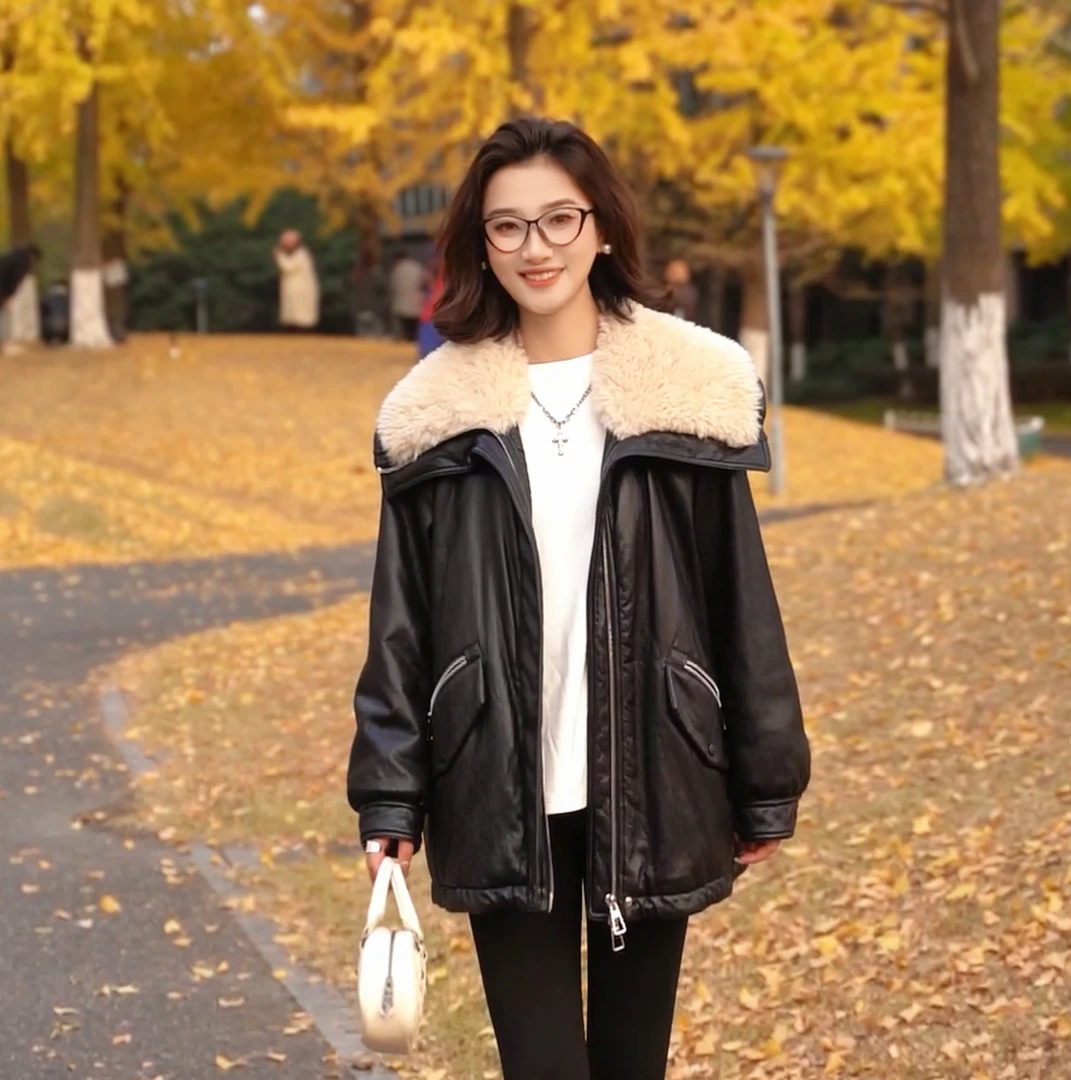 木木专享90白鸭绒韩版羊羔绒皮羽绒服女士冬季保暖宽松外套1121