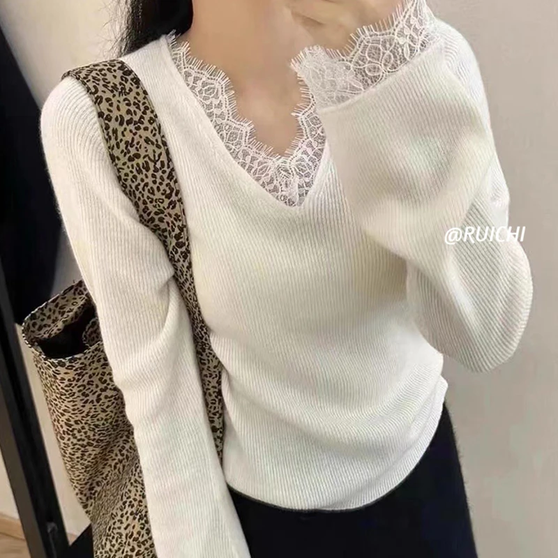 法式慵懒风2025春季新款蕾丝拼接V领套头设计感针织衫长袖上衣女