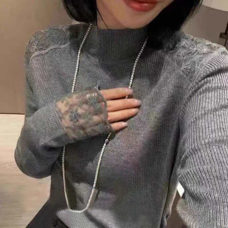 高级感蕾丝拼接2025秋季新款立领套头设计感洋气针织衫长袖上衣女