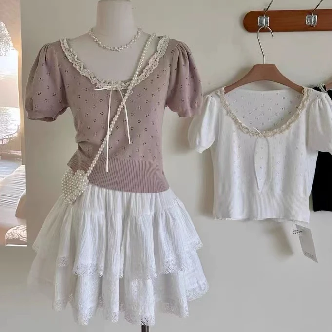 [芭蕾少女]夏季简约针织短袖U领蕾丝花边短款小众甜美显瘦针织衫