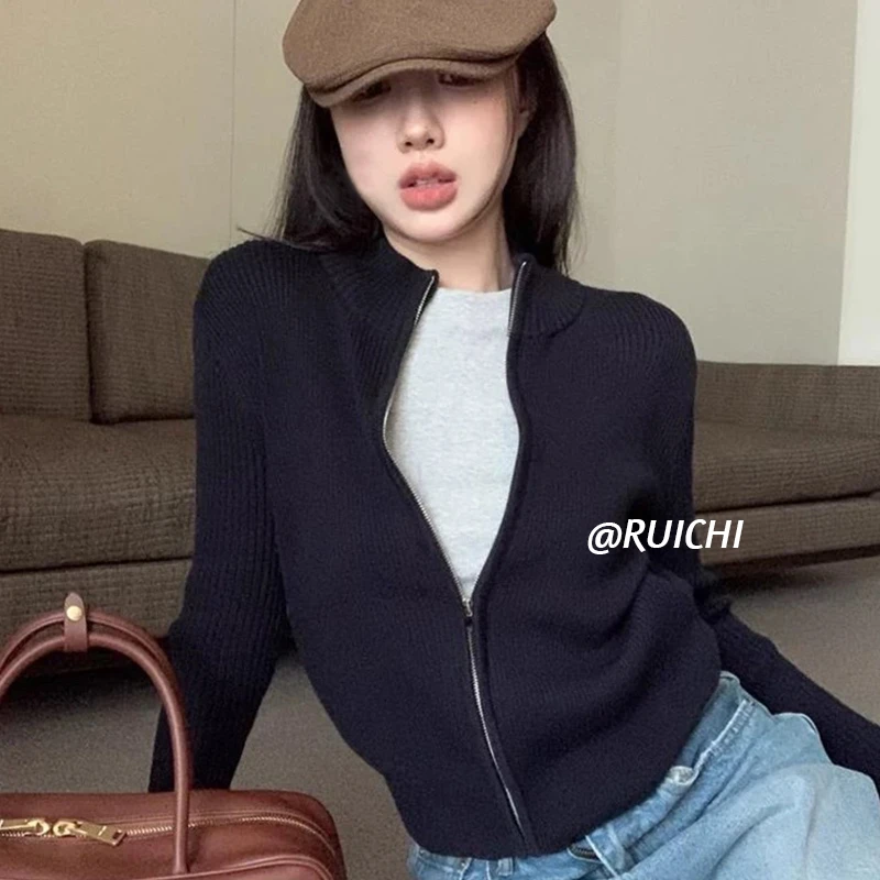 美式复古辣妹2025早秋新款拉链针织开衫毛衣外套修身长袖上衣女