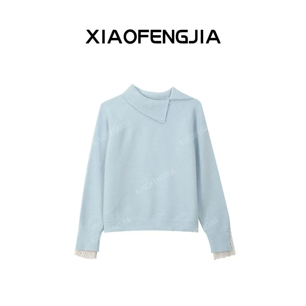 2024 冬季新款【四季青小封家轻奢】不规则斜领蕾丝拼接袖口毛衣女