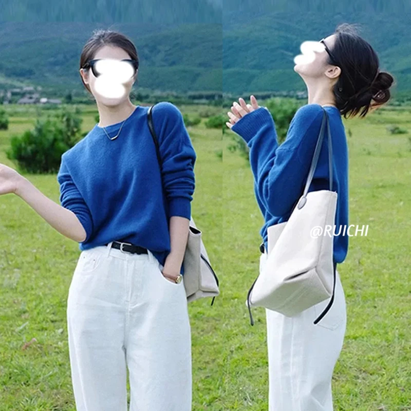 慵懒克莱因蓝2025春季新款圆领套头时尚百搭毛衣针织衫上衣女