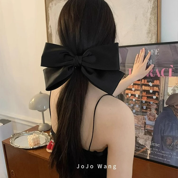 显脸小很高级~缎面大蝴蝶结发夹女小杨嫂后脑勺头饰发饰黑色马尾