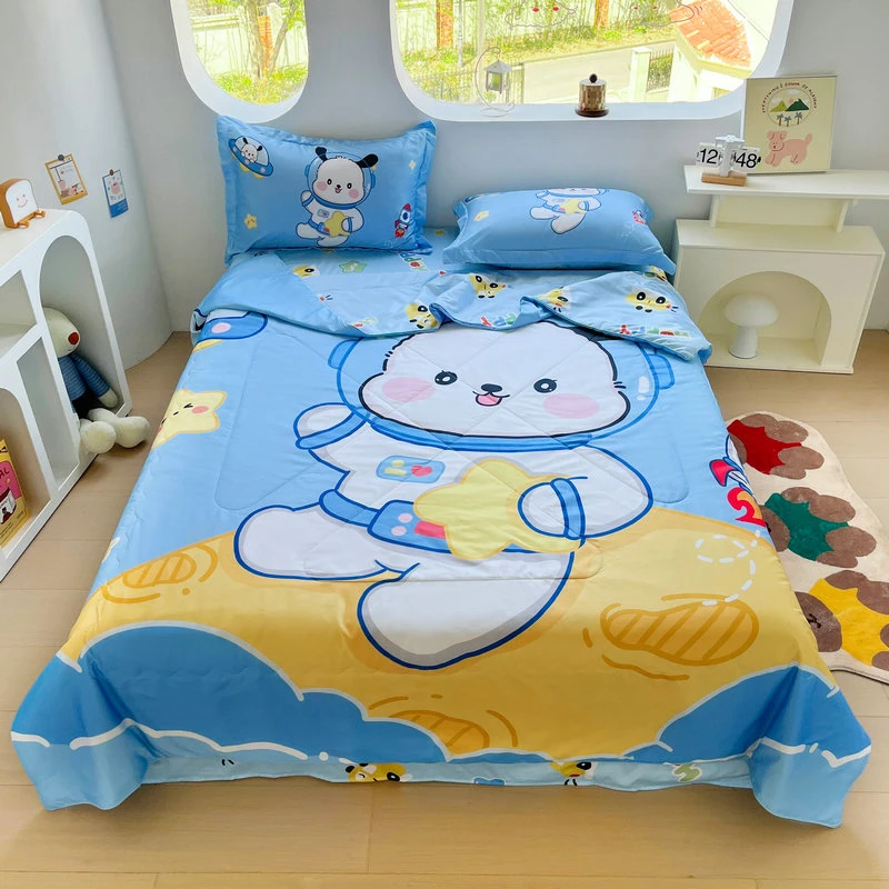 卡通水洗真丝夏被四件套儿童夏凉被单人学生宿舍空调被床单三件套