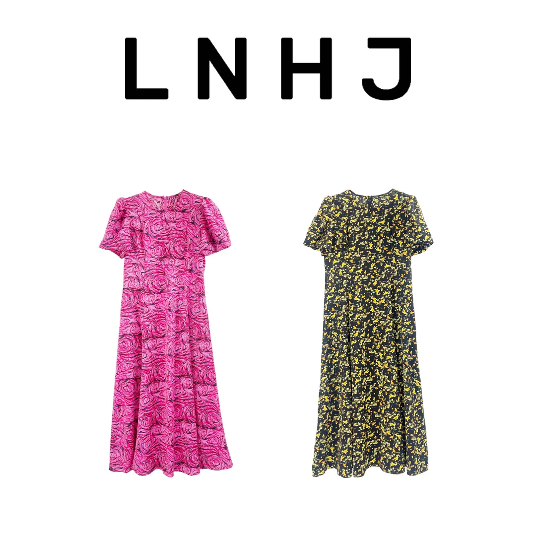 【LNHJ】梵高的星空 轻奢气质碎花泡泡袖长款女装连衣裙