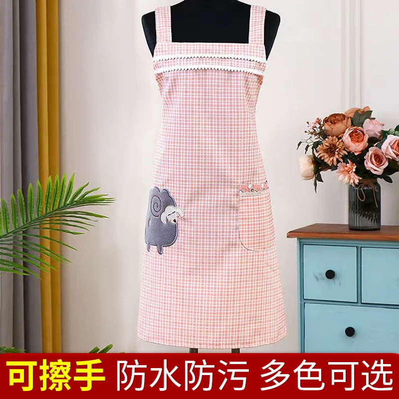 家用简约洋气可擦手围裙透气可爱小羊修身防污网红格子罩衣做饭