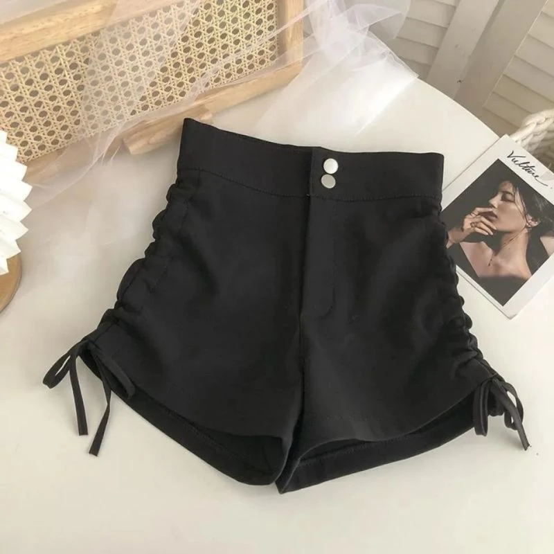 大码女装胖mm新款ins蝴蝶结抽绳绑带高腰显瘦夏季a字紧身热裤短裤