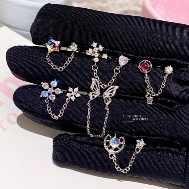 钛钢合成锆石耳饰 C组双耳洞合集 钛钢小众设计感耳骨钉耳蜗