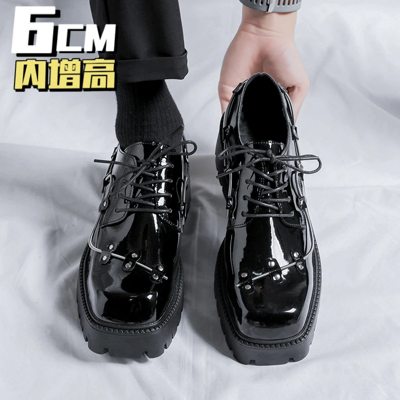 英伦风厚底隐形增高德比鞋男方头男款商务休闲皮鞋复古弹簧装饰鞋