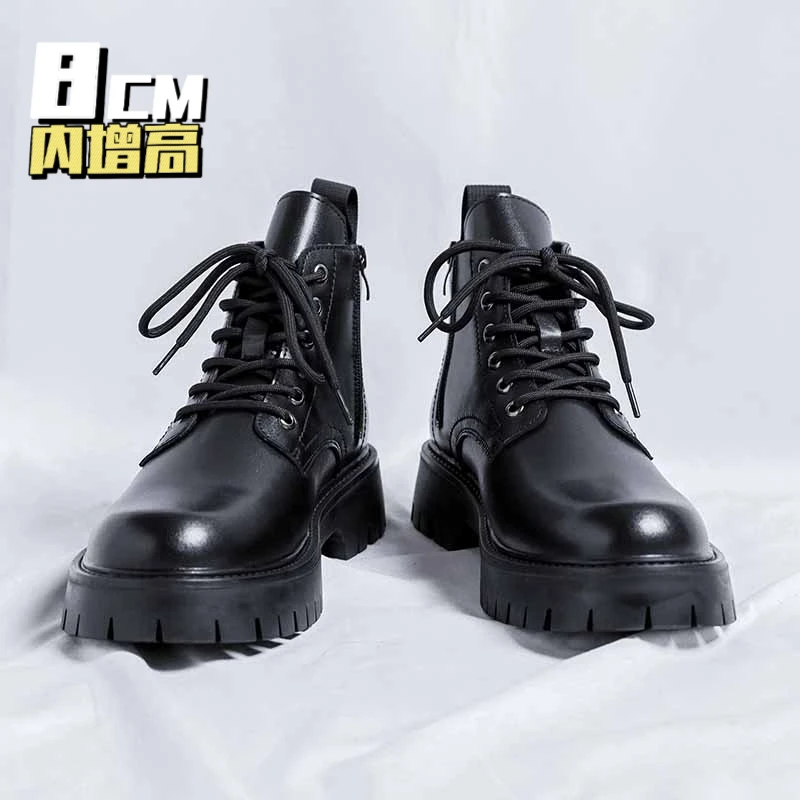 隐形增高鞋8cm黑色马丁靴男潮流侧拉链工装机车靴韩版增高中帮靴