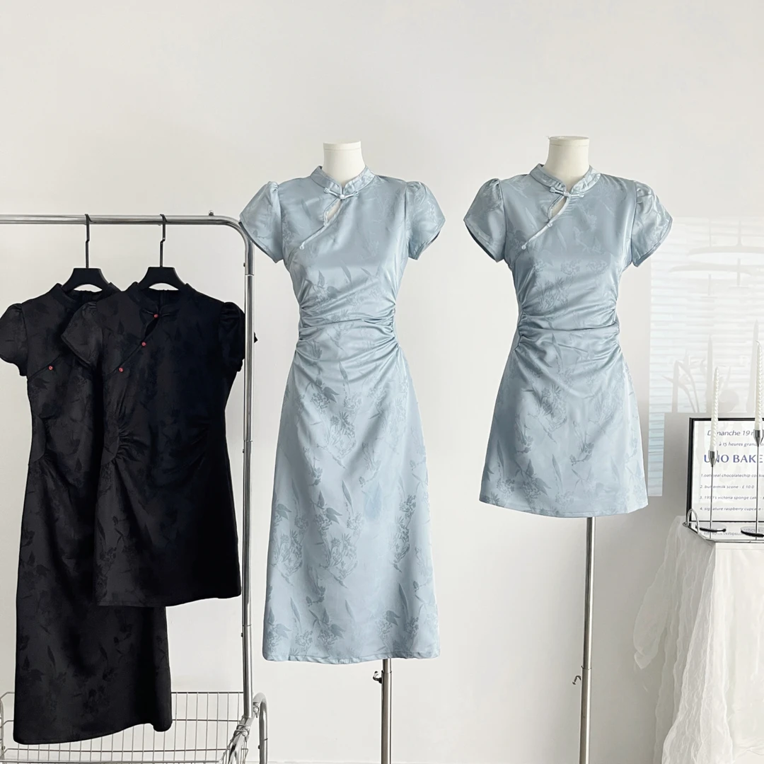 气质改良立领旗袍裙女夏季暗纹提花收腰短袖女装