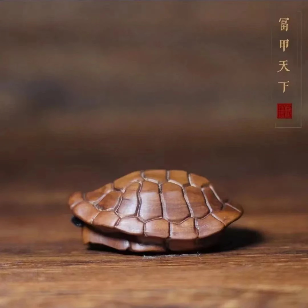 天然雷击枣木富甲天下手把件木雕双面雕刻龟壳摆件钥匙扣纯手工