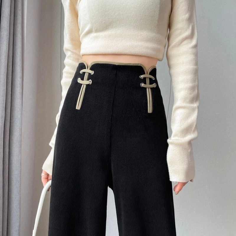 欧米朵加绒雪尼尔阔腿裤女秋冬新中式灯芯绒裤高腰显瘦休闲拖地裤
