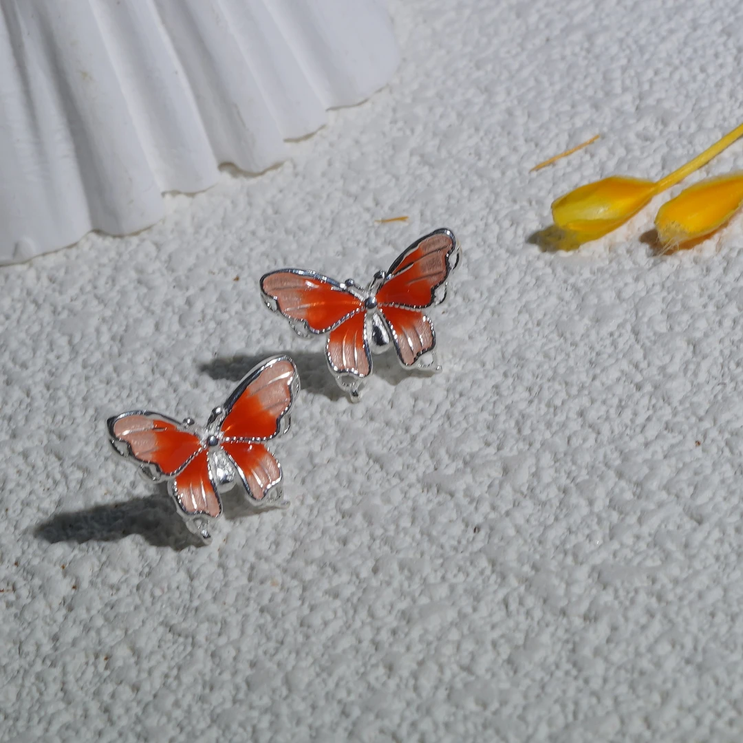 足银珐琅耳饰 足银彩色花色蝴蝶耳钉足银999