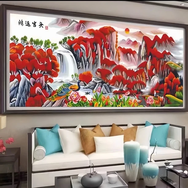 【1000】新版鸿运当头山水220×90cm，大格四股线绣，49色