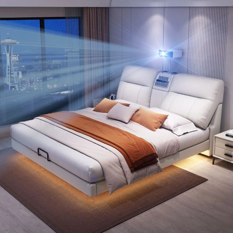澳茗菲悬浮真皮床主卧奶油风大小户型多功能双人床智能投影婚床