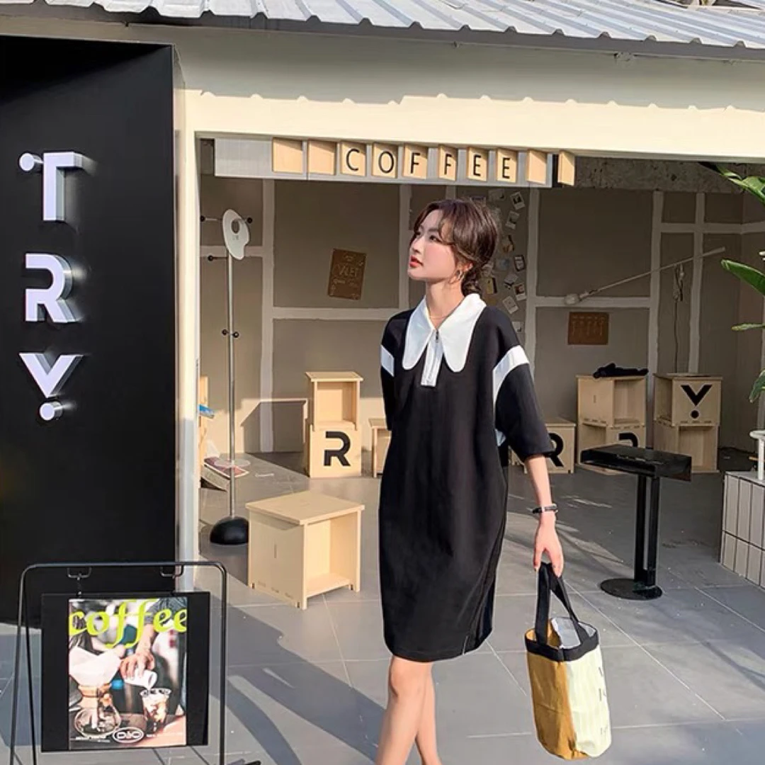 黑色polo连衣裙夏季2024新款学院风宽松休闲慵懒显瘦T恤裙子