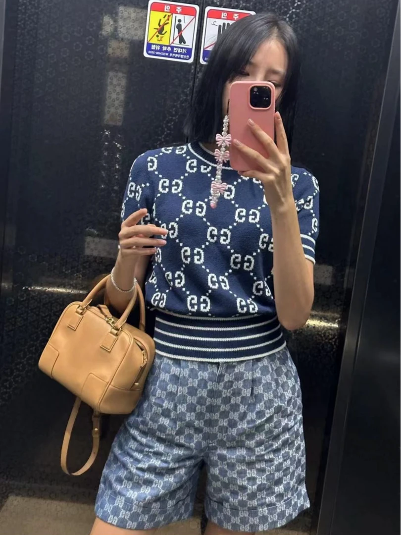 GUCCI/古驰蓝色字母条纹提花圆领短款短袖XS码全新带吊牌工价9000
