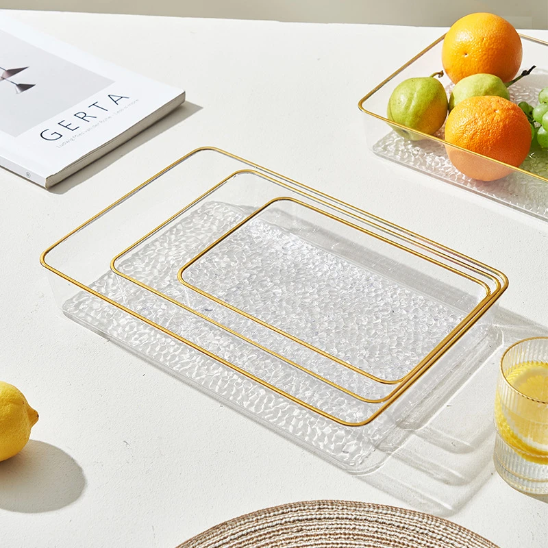 家用水果盘高级轻奢多功能金边沙拉PET加厚糖果盘茶盘塑料收纳盘