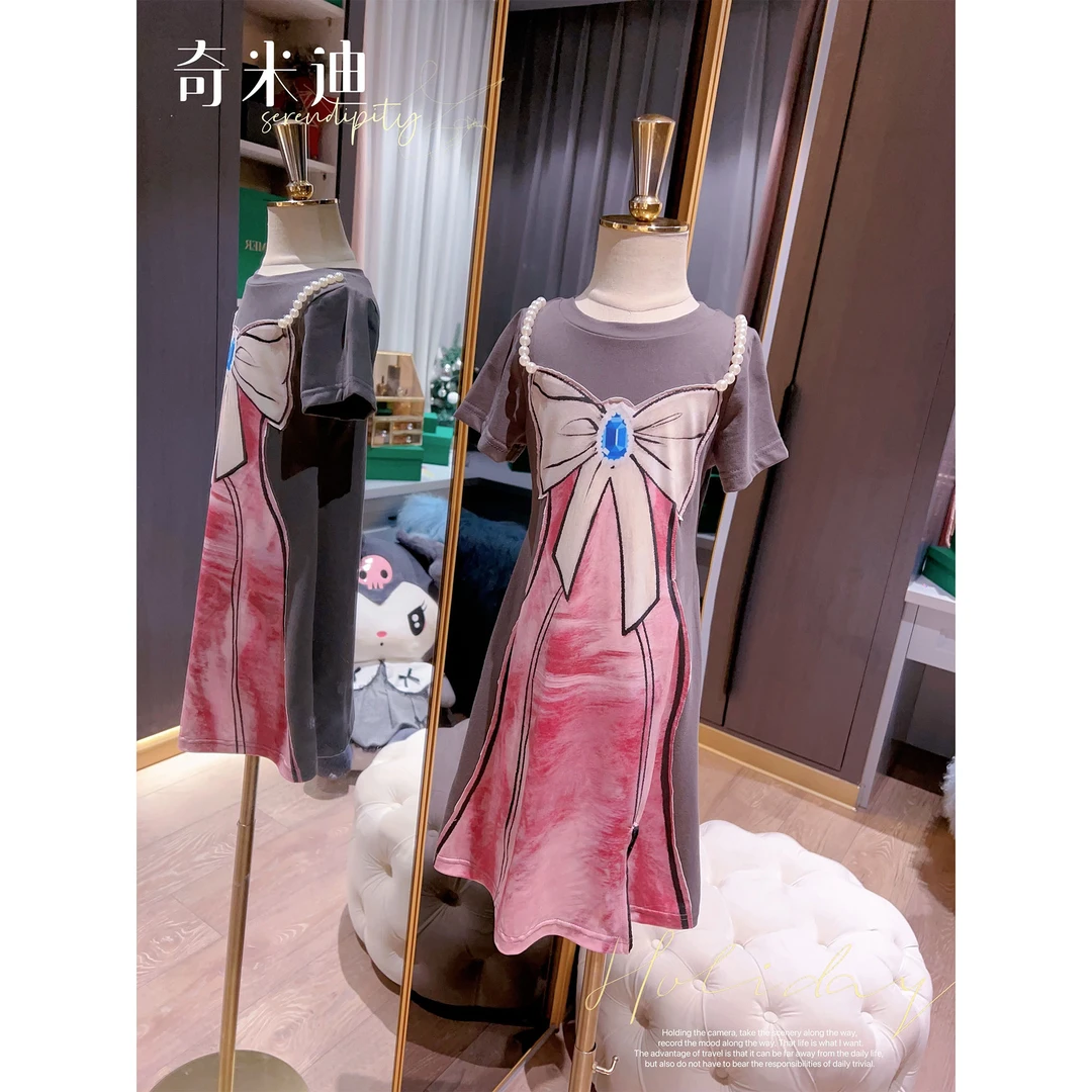 现货【美少女】奇米迪女童洋气趣味短袖T恤裙夏季连衣裙24003