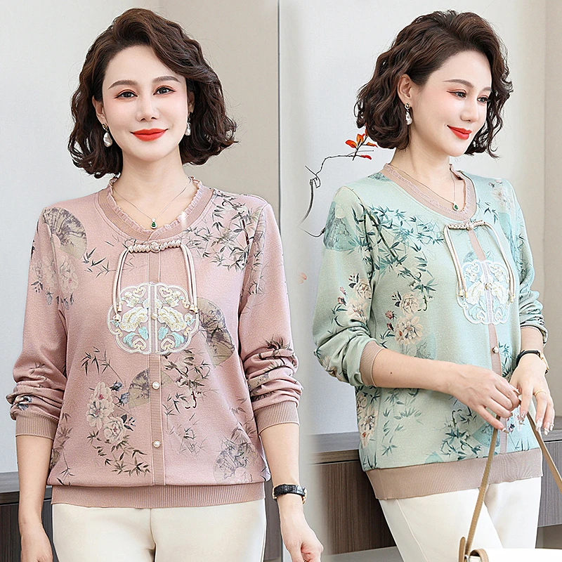 新中式妈妈装打底衫刺绣花长袖圆领中老年女装春秋款T恤长袖上衣
