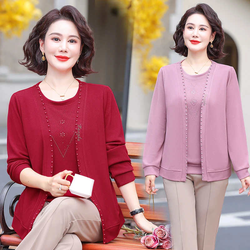 中年妈妈秋装上衣假两件套2024新款中老年女装春秋季针织开衫