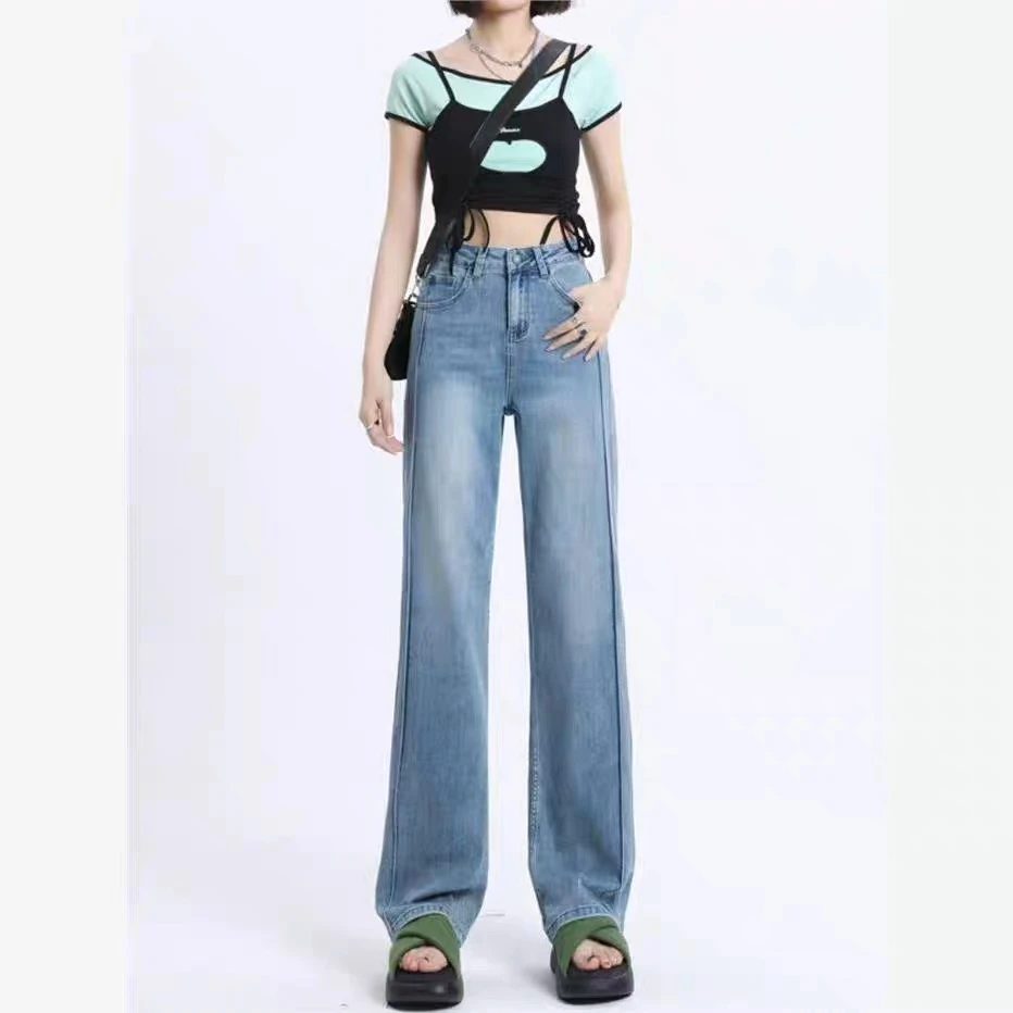 PERIKAS秋冬新款高腰直筒窄版裤弹力显瘦设计款加绒牛仔裤女8382