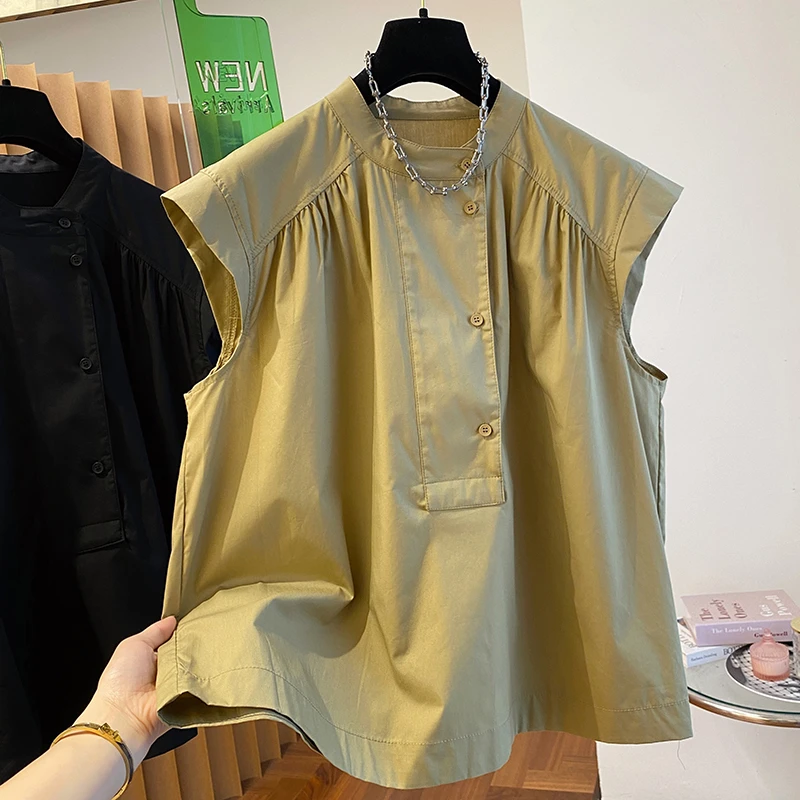 2024新款韩版宽松休闲百褶设计感无袖衬衫女夏季圆领气质小衫上衣
