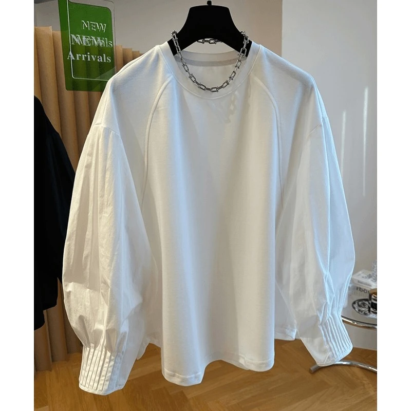 2024新款灯笼袖衬衫拼接卫衣女宽松t恤打底衫设计感小众薄款上衣