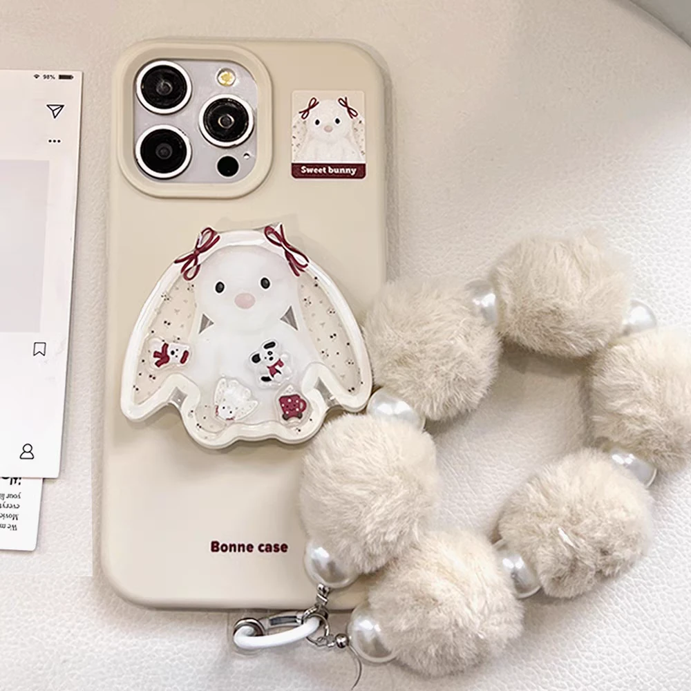 卡通垂耳兔摇摇乐支架16手机壳苹果15promax防摔14适用13毛绒挂绳