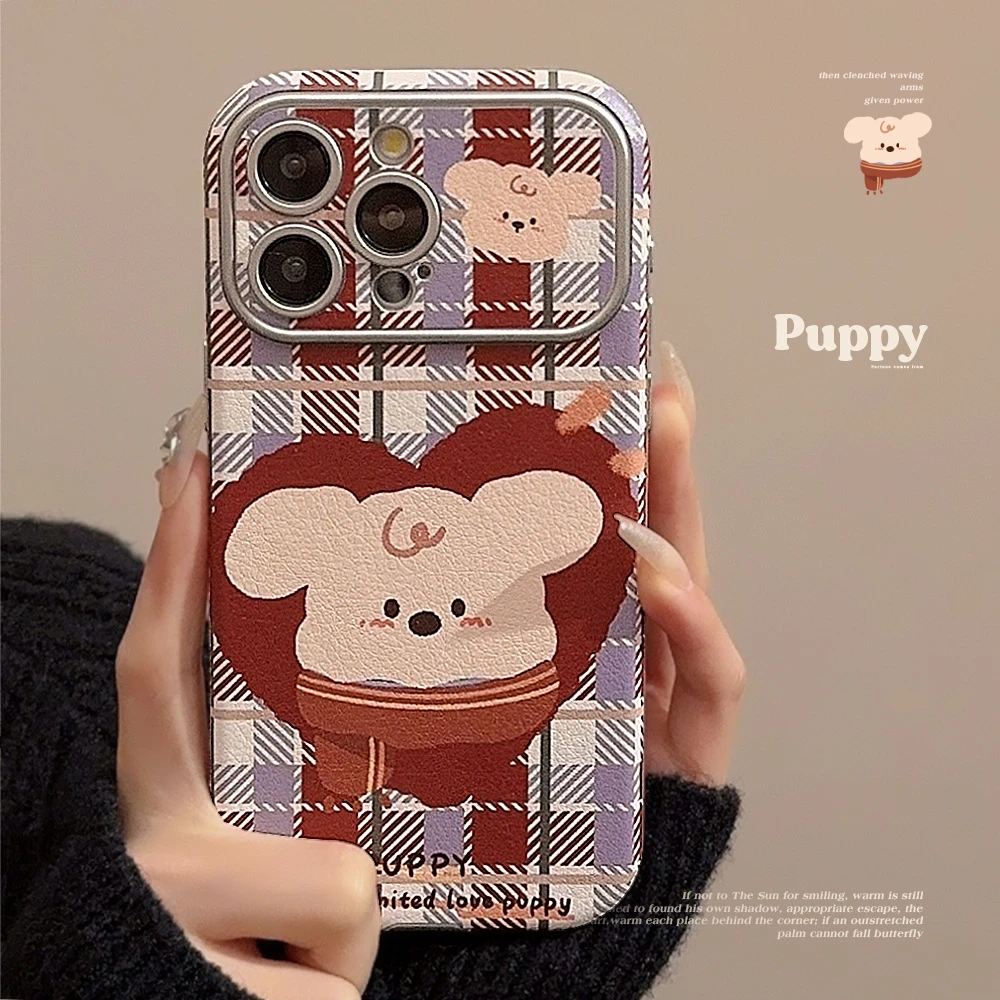 格纹卡通小狗适用iphone14苹果15手机壳13promax皮质套11全包12软