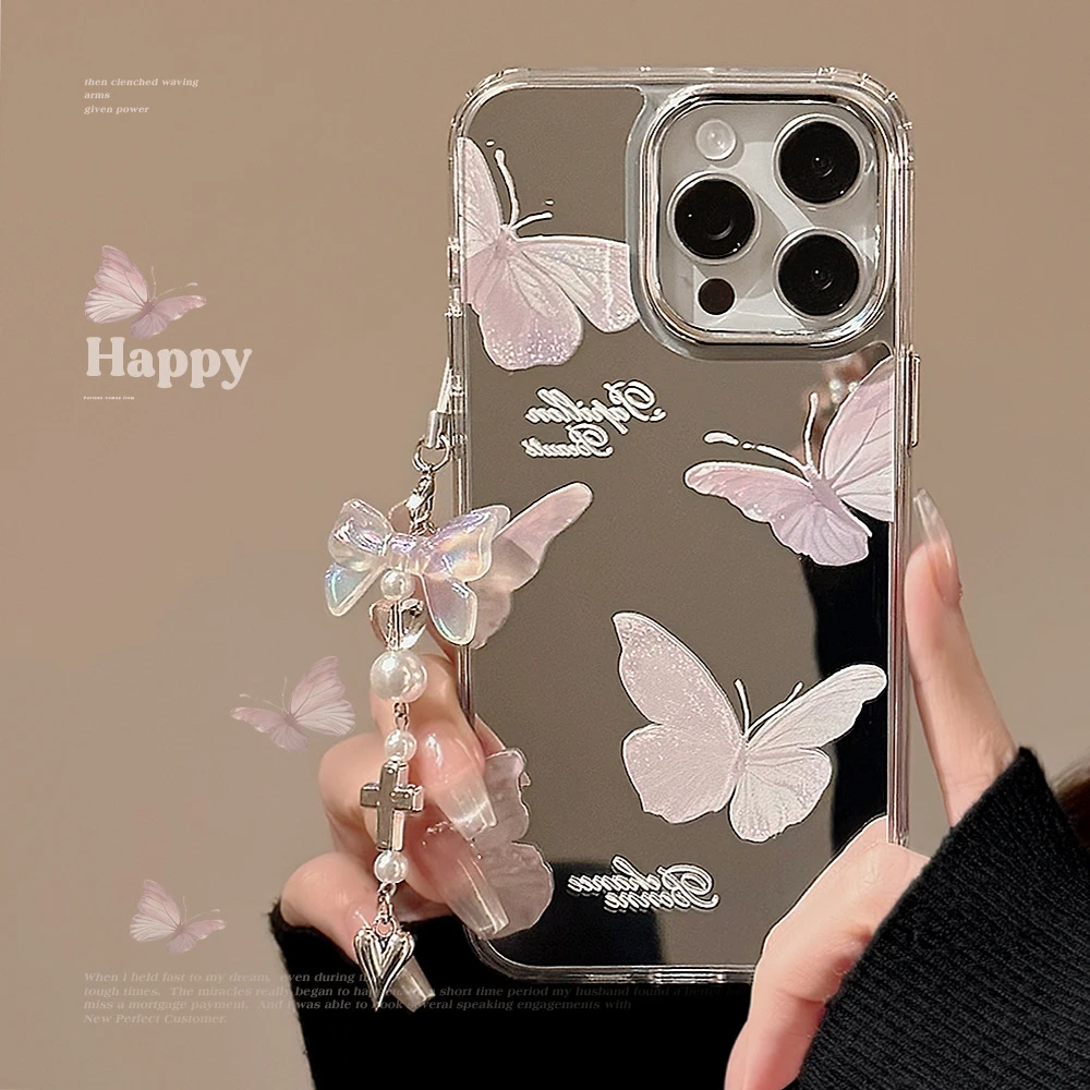 高级感镜面蝴蝶挂坠适用苹果15promax手机壳12气质iphone14防摔13