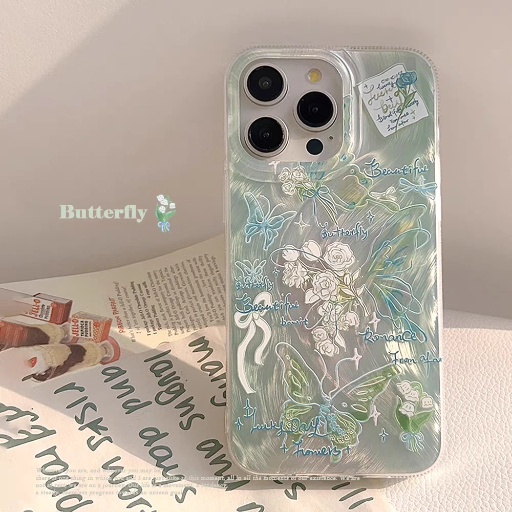 羽纱铃兰蓝绿蝶结适用苹果14promax手机壳iphone13链条15薄荷绿11