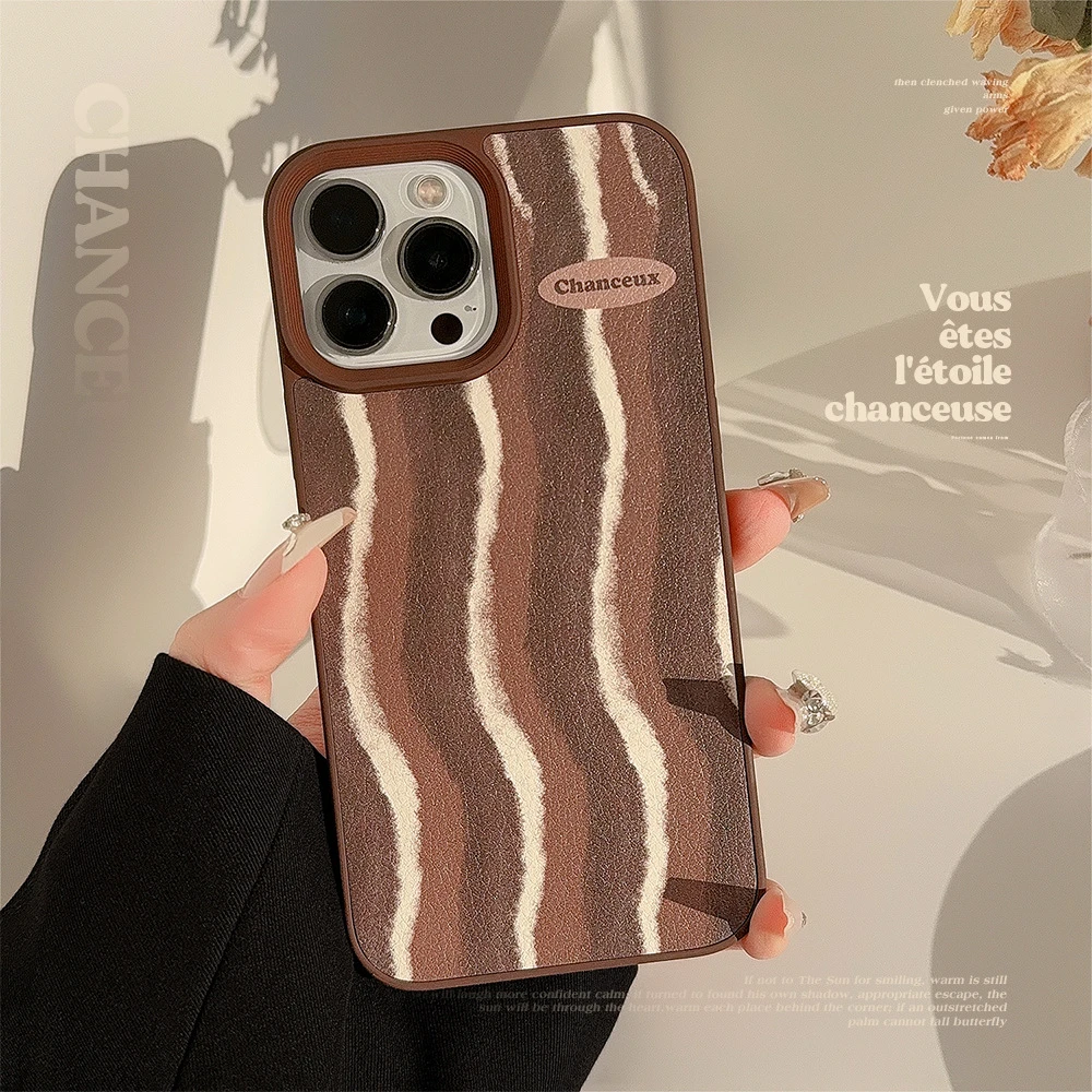 棕色条纹苹果15手机壳14promax复古高级11适用iPhone13皮质防摔硬