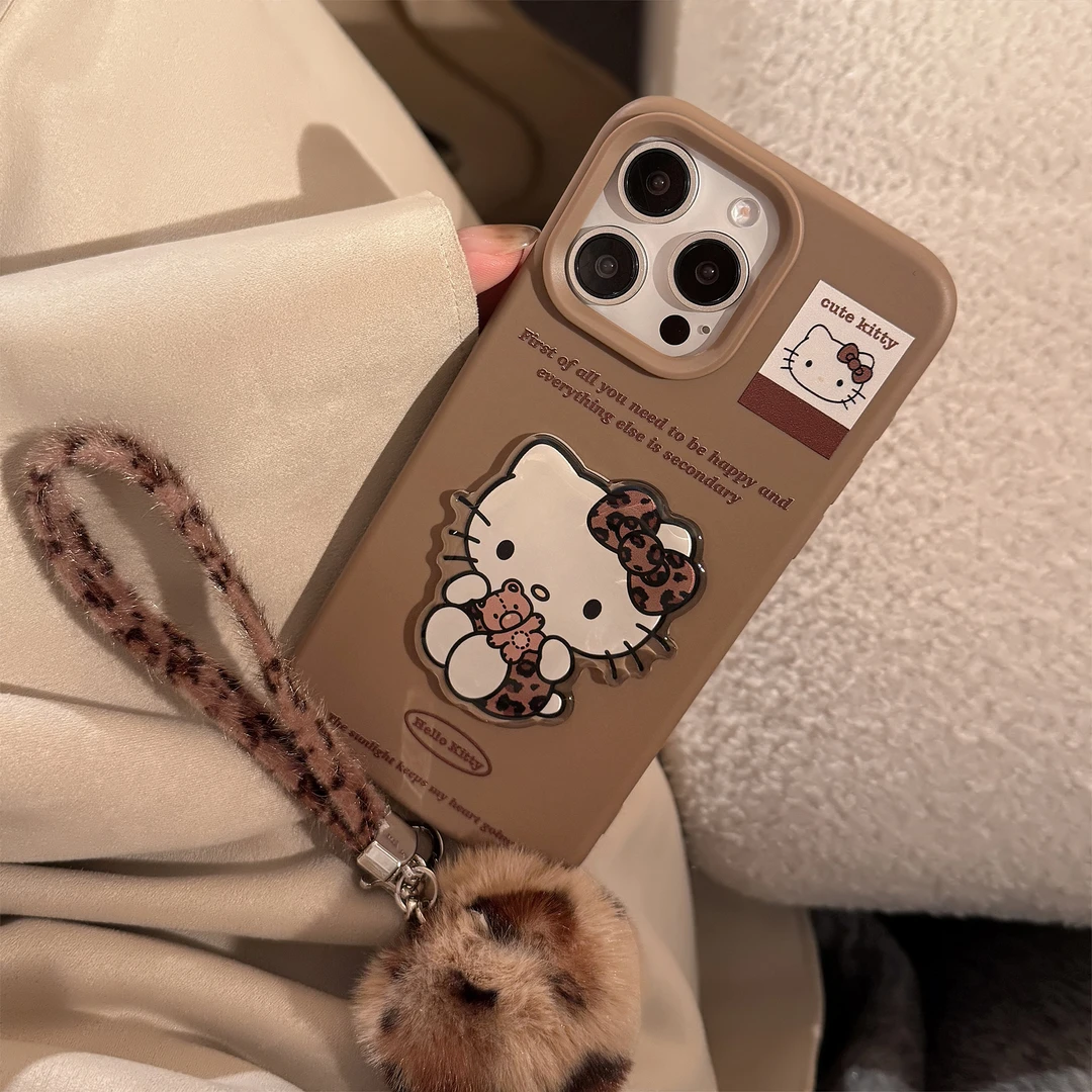毛绒棕色豹纹猫咪贴苹果16手机壳iphone14立体15promax挂链12软13