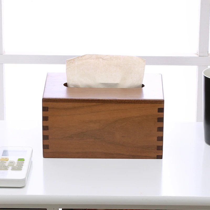 鲁匠艺美北美黑胡桃实木纸巾盒桌面客厅厨房防尘收纳榫卯纸巾盒子