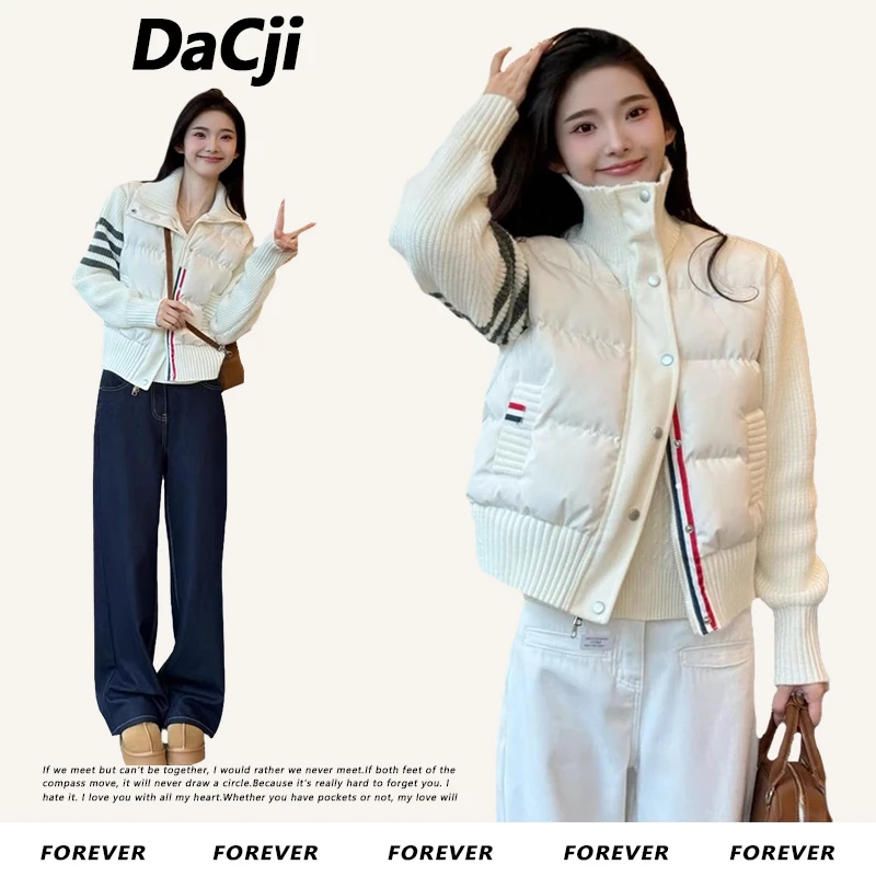 米白色设计感针织拼接棉衣外套女冬季短款独特别致立领轻薄棉服