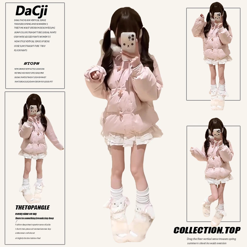 甜美粉色蝴蝶结毛领连帽面包服女2024年冬季宽松加厚保暖棉服外套