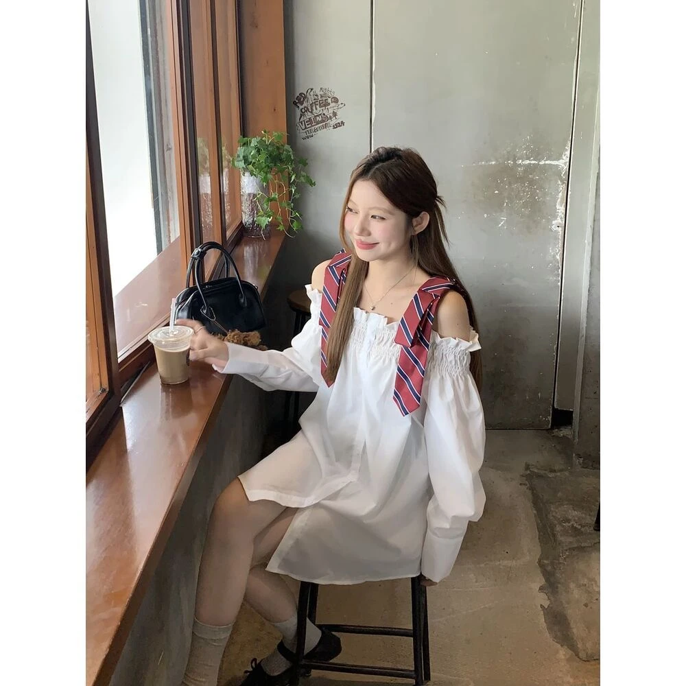 2024新款韩版网红设计感露肩显瘦拼接条纹吊带假两件中长款衬衣女