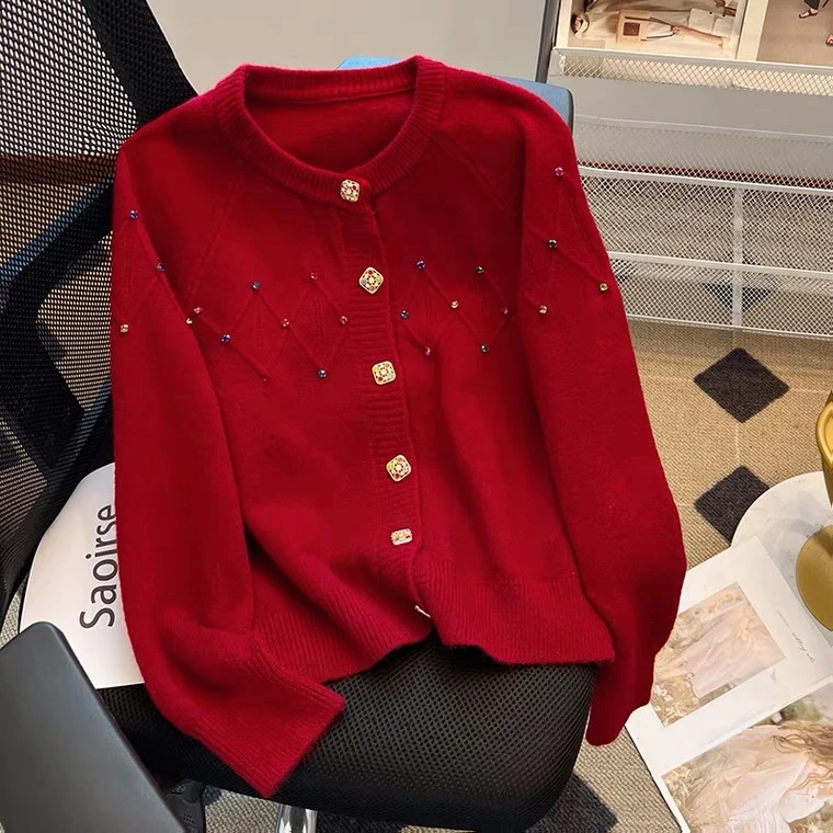 【宠粉专属】欧韩潮流秋冬圆领针织烫钻红色休闲毛衣上衣