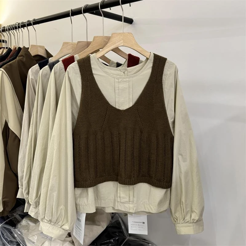 设计感圆领衬衫针织吊带背心两件套女2025秋季新款甜美小个子套装